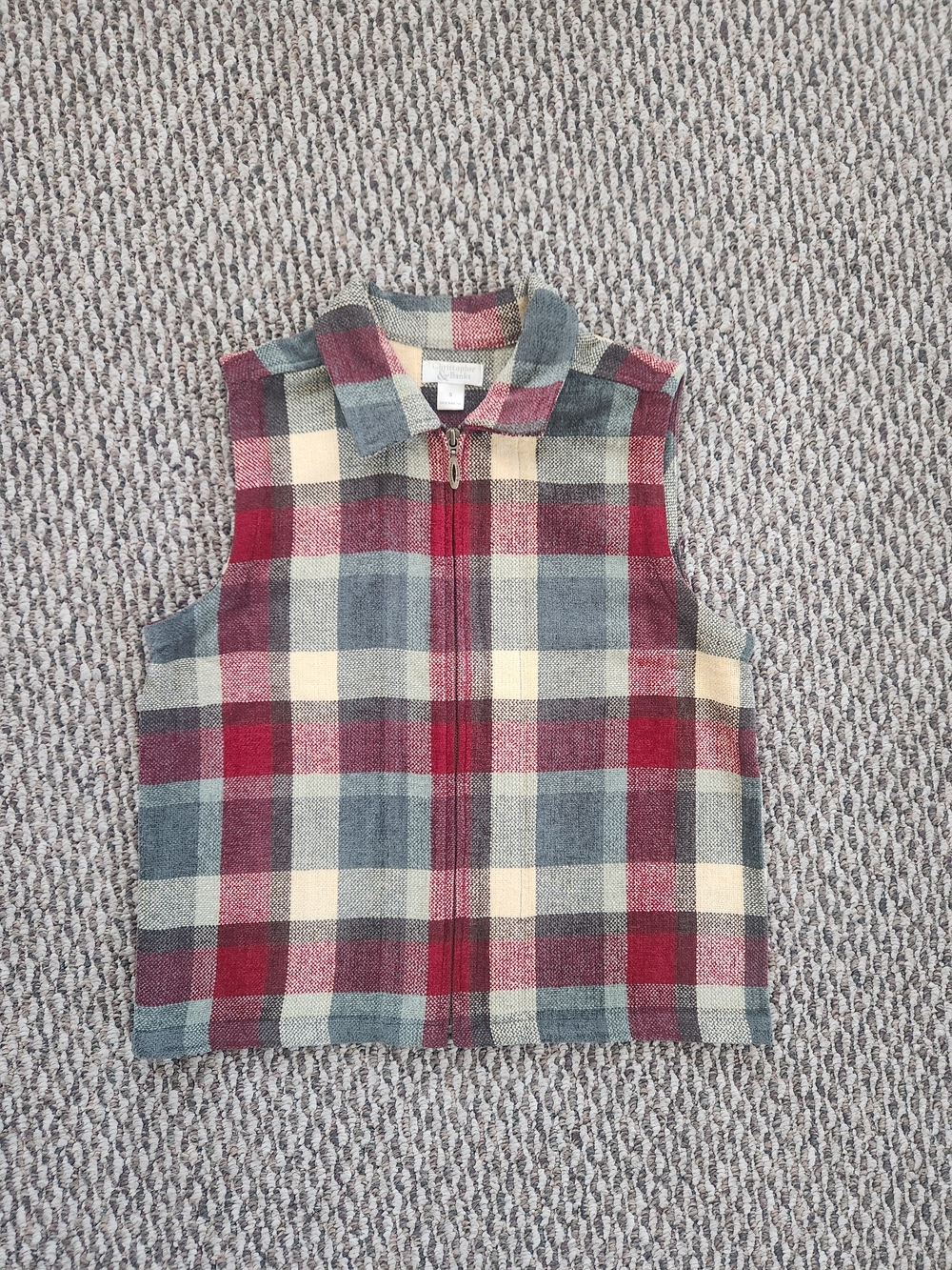 Christopher & Banks Red, Cream & Gray Plaid Zip Vest